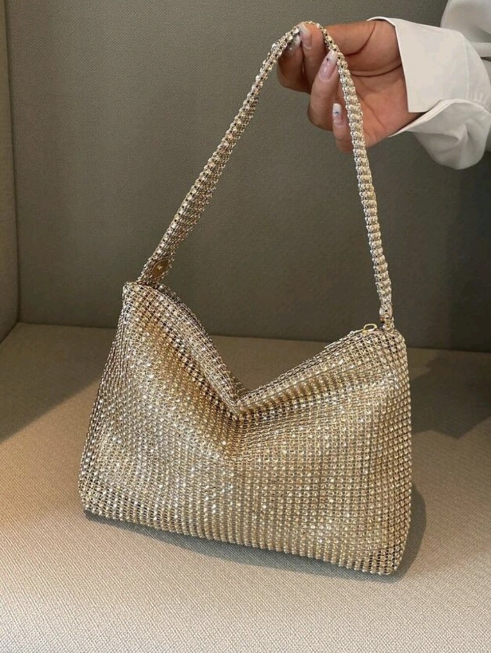 Gold Crystal Mesh Shoulder Bag - Women's Evening Bag